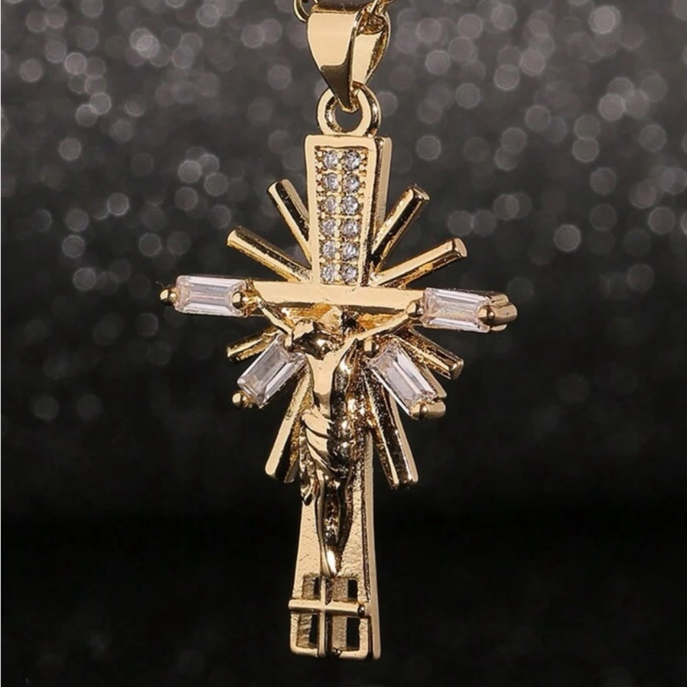 Christian Cross Pendant Necklace 18K Gold Filled with cubic zirconia necklace.